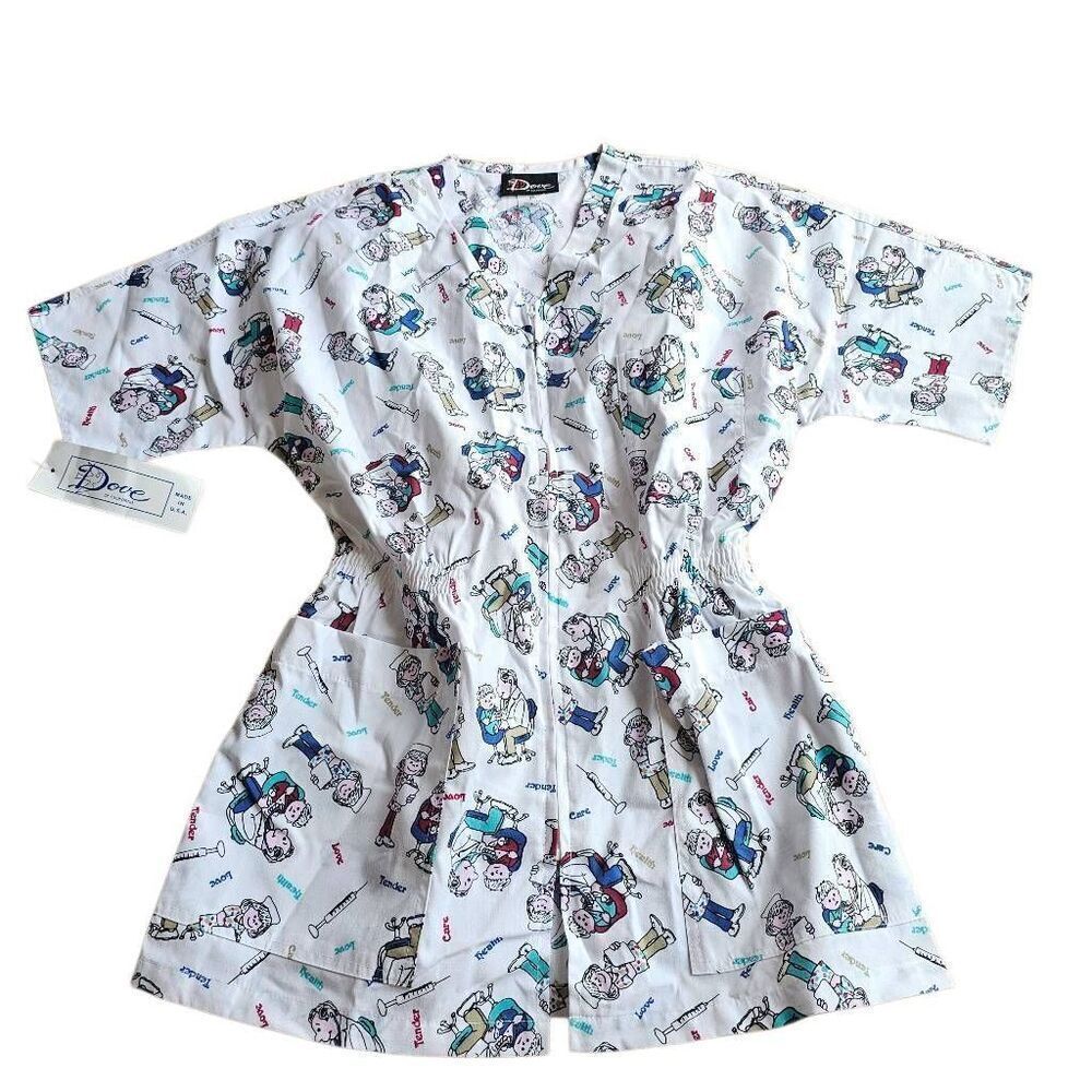 Vintage Dove womens Sz L white multicolor printed nurse scrubs new